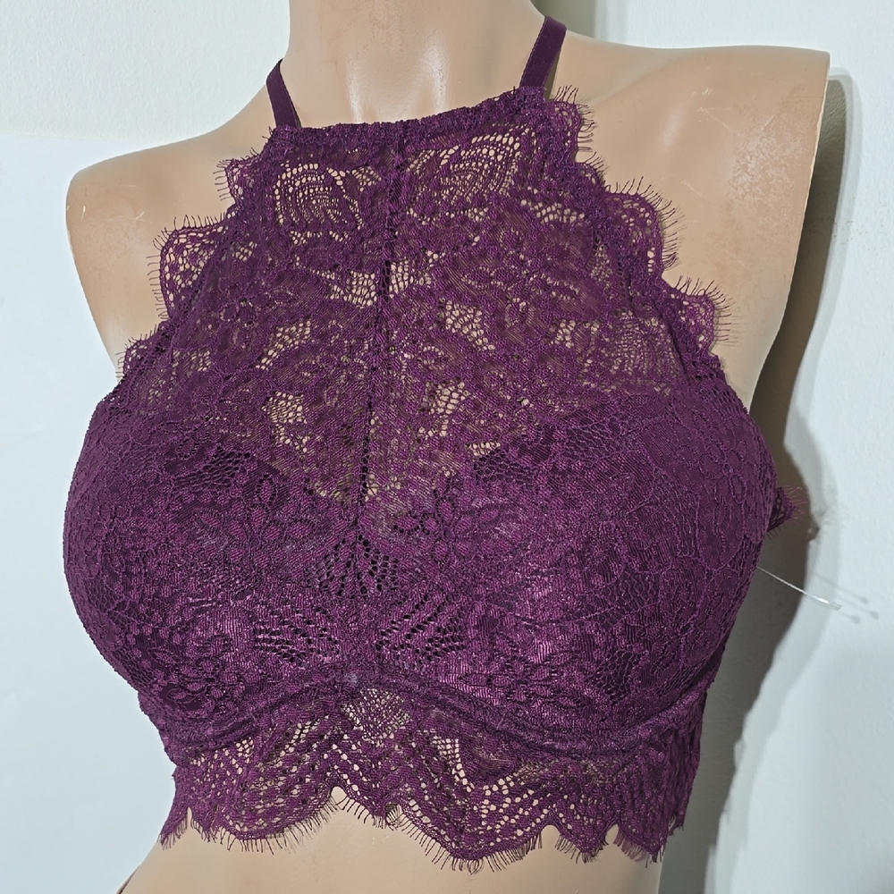 PINK Victoria's Secret Pushup Lace Halter Bralette Deep Purple Size Medium Nwot